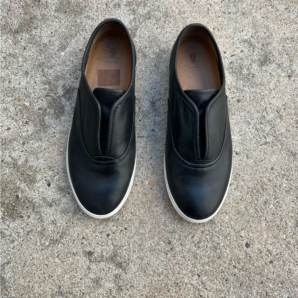 Frye Black Leather Slip-On Sneakers with White Sole